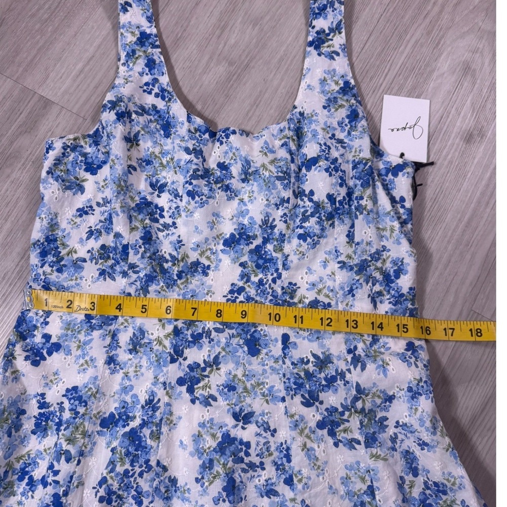 Japna Blue White Floral Eyelet Cotton Mini Dress Smocked Back NWT Size L - Picture 5 of 9